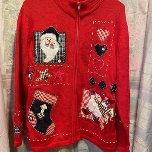 Basic Editions Christmas Patchwork Santa Snowman Knit Zip Up Sweater Large
